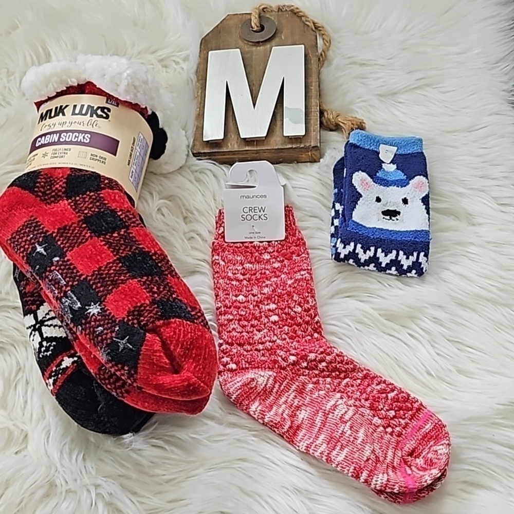 Set of Muk Luk socks, Maurices slippers/socks, and Rooted Soul socks NEW